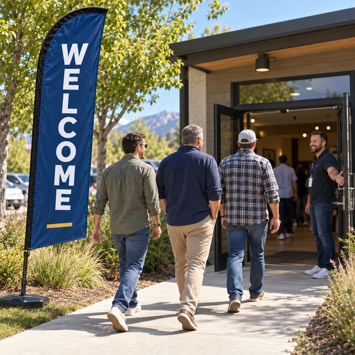 Illustrative scene of men arriving at a church on Sunday