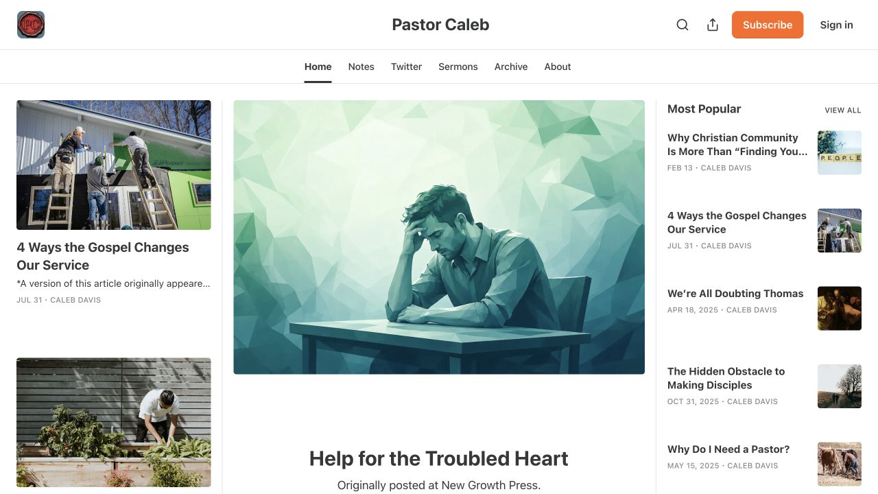 The Pastor Caleb Substack homepage, featuring articles and newsletter navigation